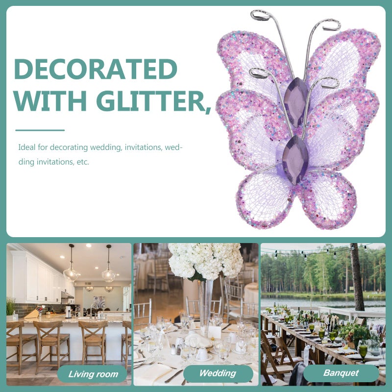 Leorx Sheer Mesh Wire Glitter Butterfly with Gem for Wedding Decorating (Purple) - 50pcs - Image 5